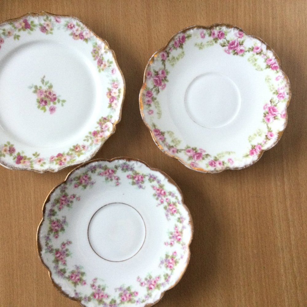 Lot of three Vintage Limoges France plates floral scalloped gold gild edge small